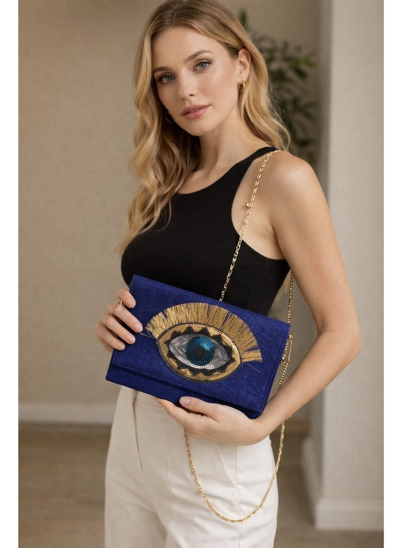 zoba Elegant women's wallet bag with a gold chain - can be worn crossbody or clutch - distinctive and luxurious eye design for outings and occasions (navy blue) - Image 3